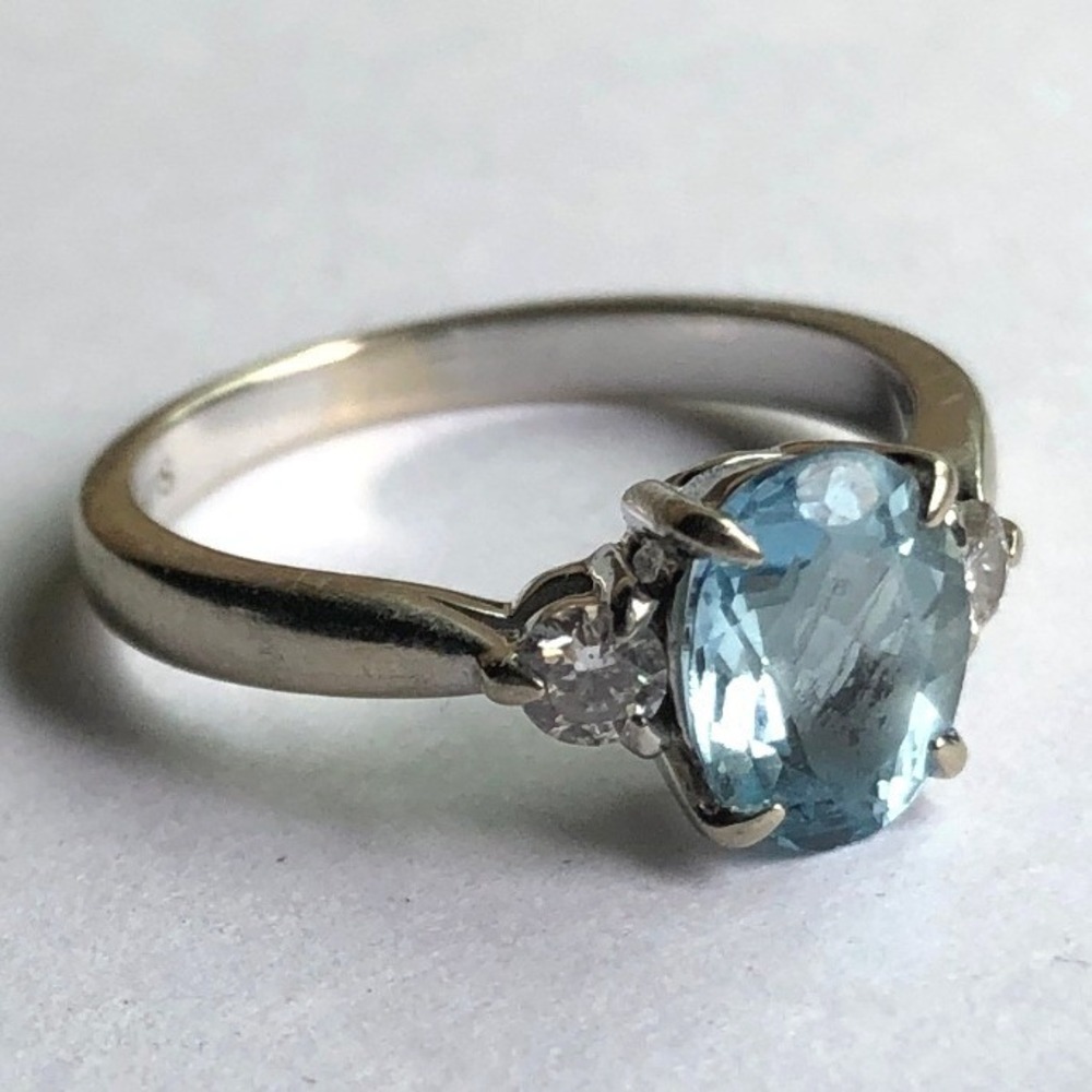 14KT White Gold Oval Aquamarine and Diamond Three Stone Ring Size 6.25 SJM HDS